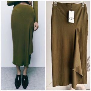 Zara Ribbed Knit Skirt Khaki New
